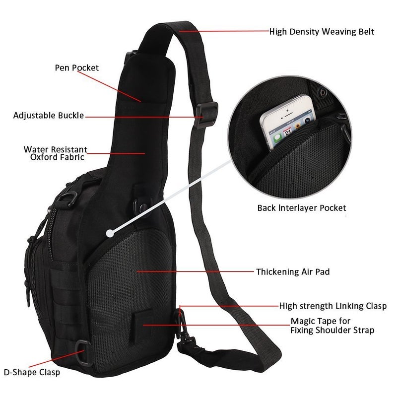 Novemkada Tactical Shoulder Bag,1000D Outdoor Military Molle Sling Backpack Sport Chest Pack Daypack Bags for Camping, Hiking, Trekking, Rover Sling (Black and Black) - Image 3